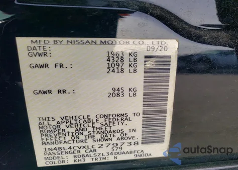 2020 Nissan Altima Sr z USA, uszkodzony, nr VIN 1N4BL4CVXLC279738